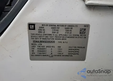 2012 Chevrolet Equinox Ls z USA, uszkodzony, nr VIN 2GNALBEK5C6352639